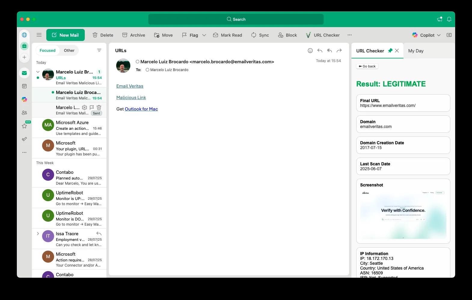 Scan links directly in Outlook with EmailVeritas URL Checker Outlook URL Checker scanning links in an email inbox β detecting phishing and unsafe URLs