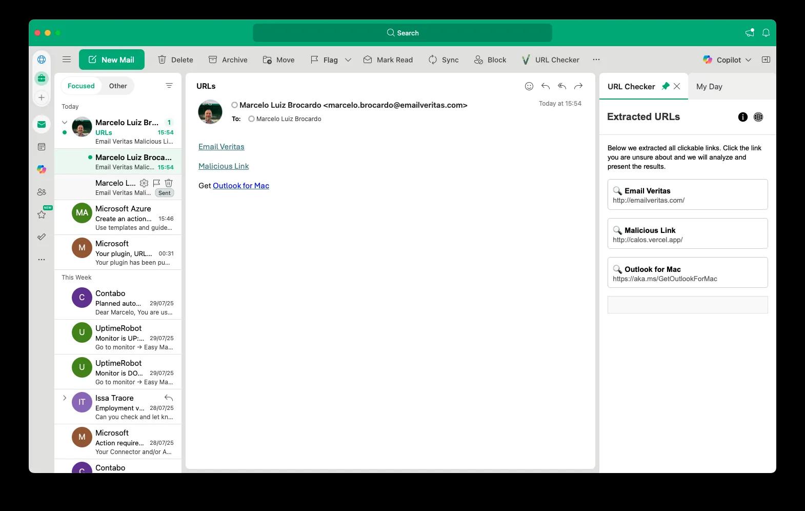 See instant link safety results inside your Outlook inbox Real-time phishing detection inside Outlook add-in showing safe and suspicious results