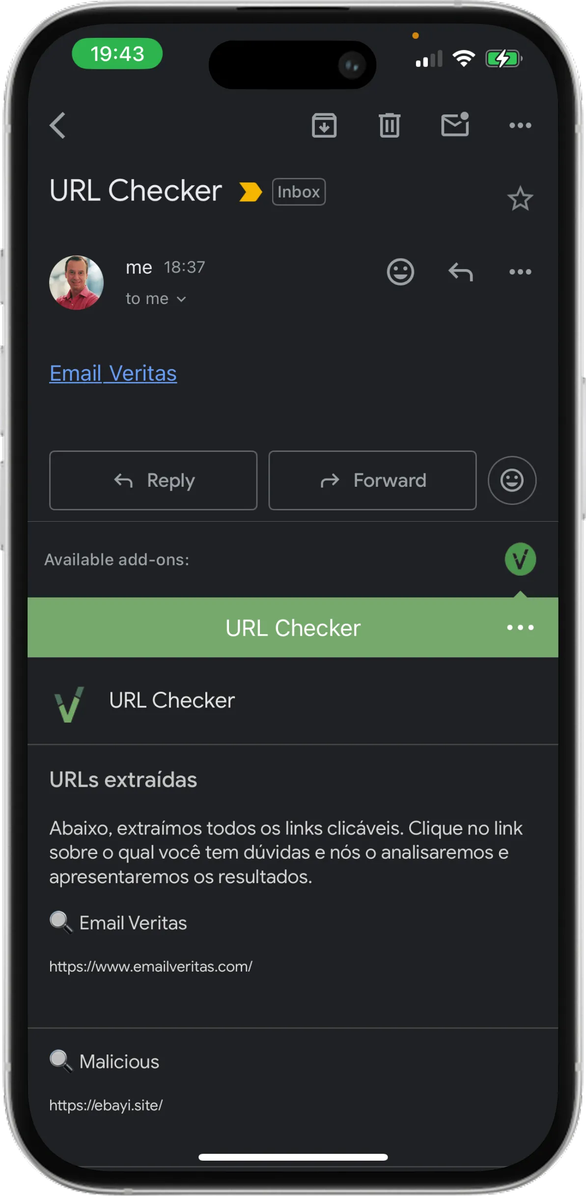 Esempio di un risultato di scansione nel pannello laterale Gmail