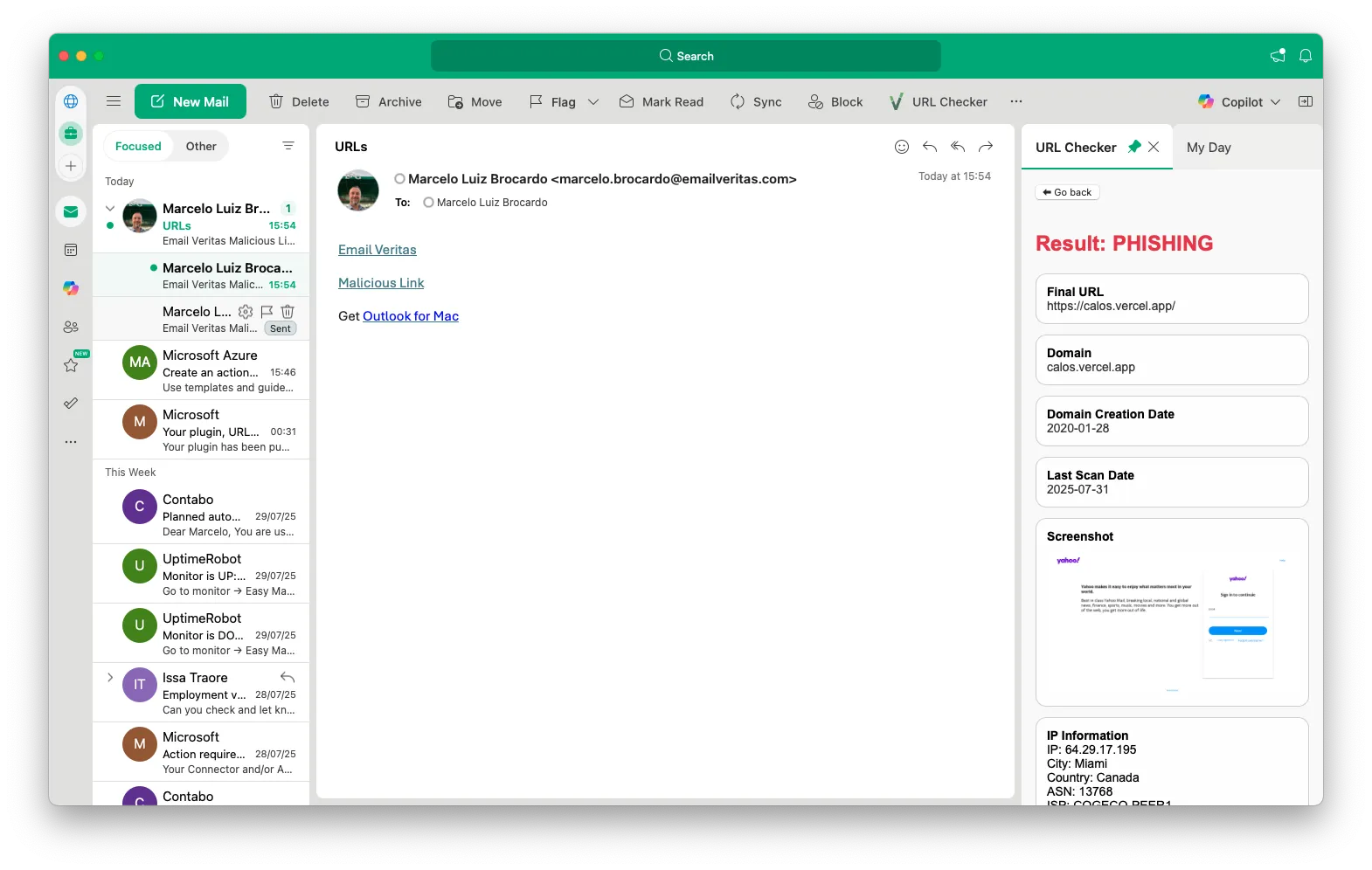 Esempio di un risultato di scansione nel pannello laterale Gmail